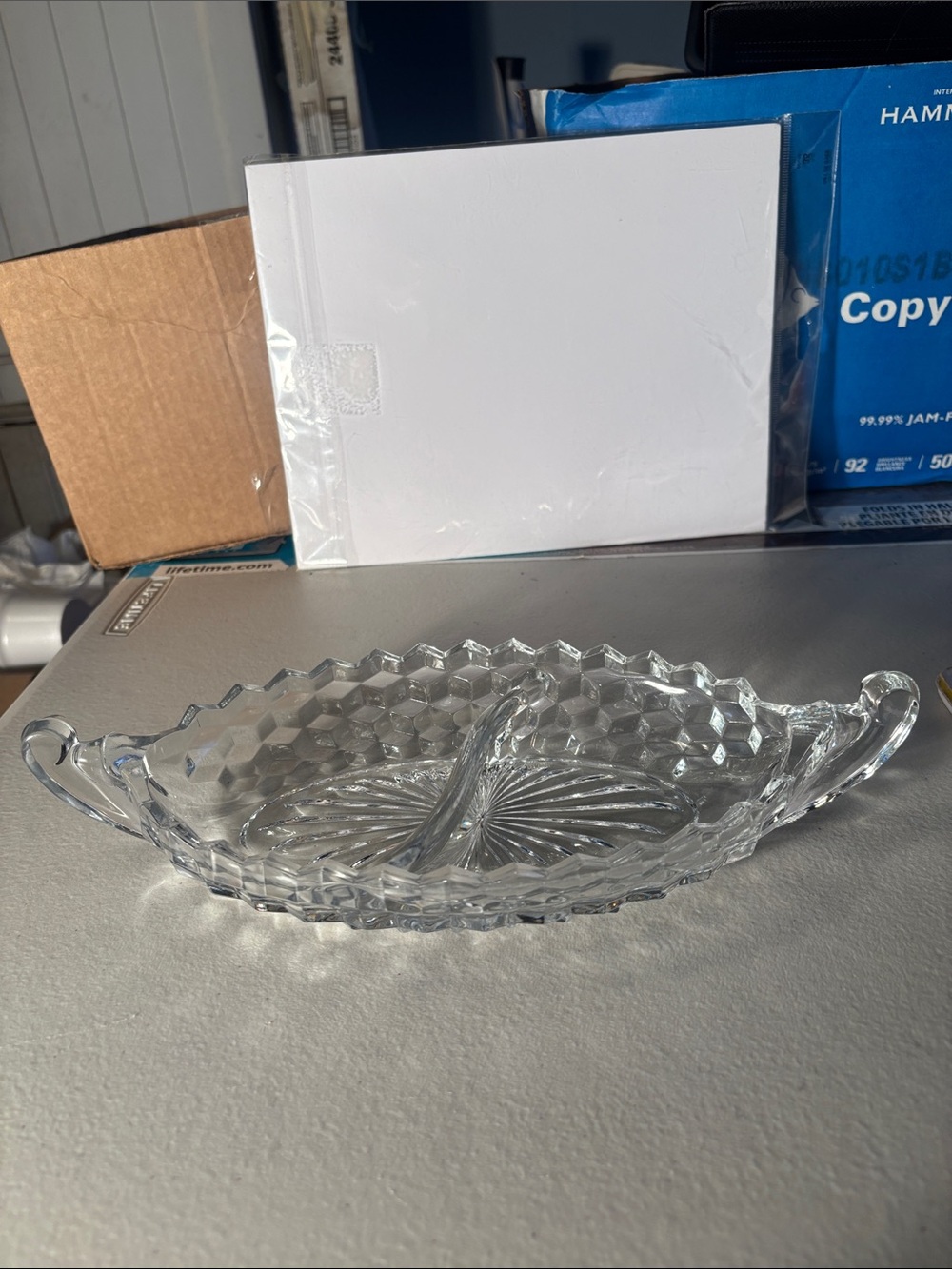 VTG Fostoria American Crystal Clear Cubist 12” 2-part Divided Relish Boat Dish